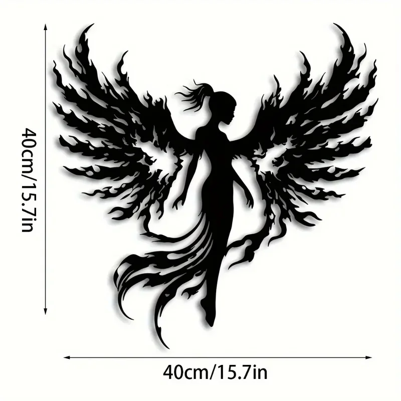 Flame Winged Ponytail Angel Metal Wall Art Black Iron Sculpture Elegant Feminine Home Wall Decoration 1pc