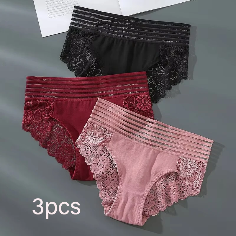 3Pcs Sexy Lace Panties Women's Underpants Solid Color Briefs Breathable Intimat…