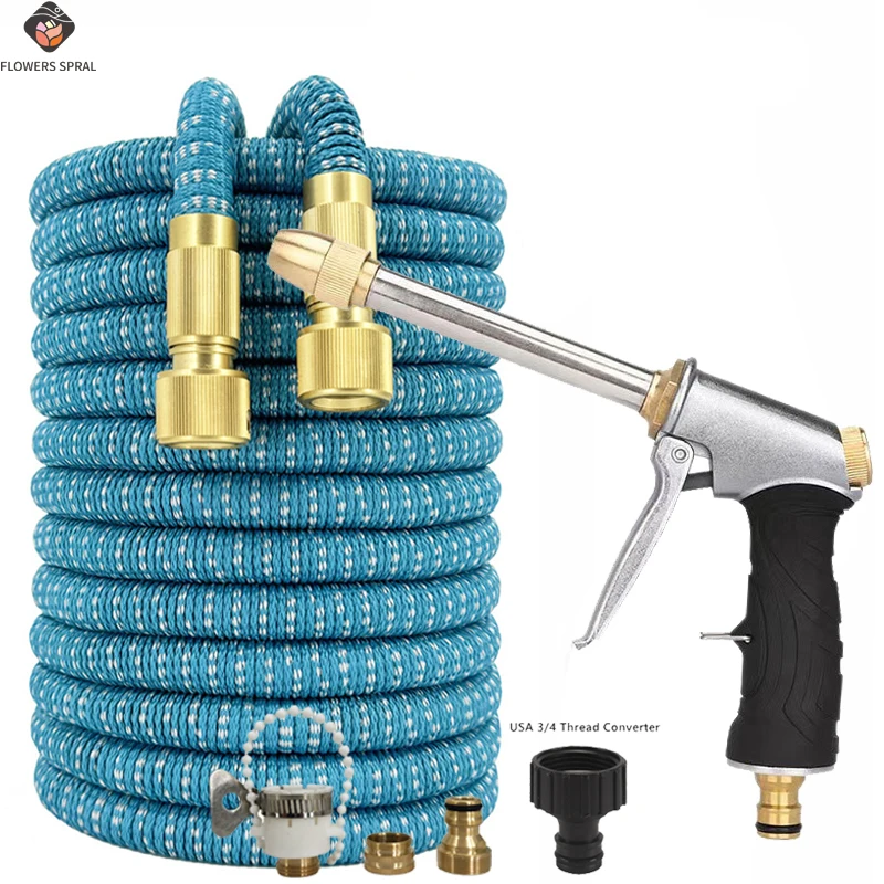 25FT-100FT Expandable Garden Hose Metal Long Handle Spray Gun Standard Connector, Used For Garden Irrigation Supplies