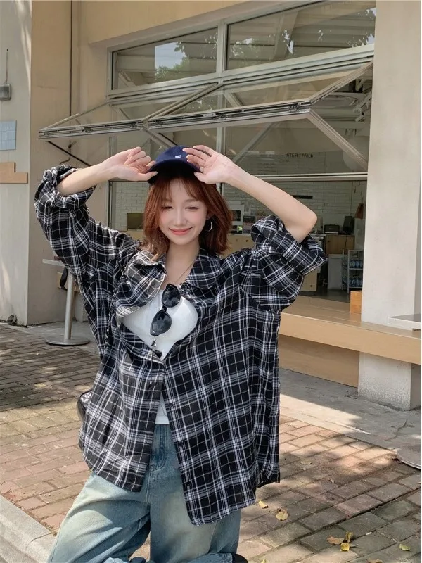 

plus Size Women's Korean Style Plaid Long Sleeve Shirt Loose Fit Collar Casual Slimming Early Autumn New Arrival