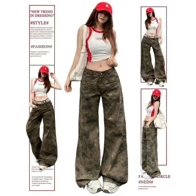 Americano retro camuflagem casual calças de trabalho feminino solto perna larga jeans outono novo sle cintura alta fechamento com zíper
