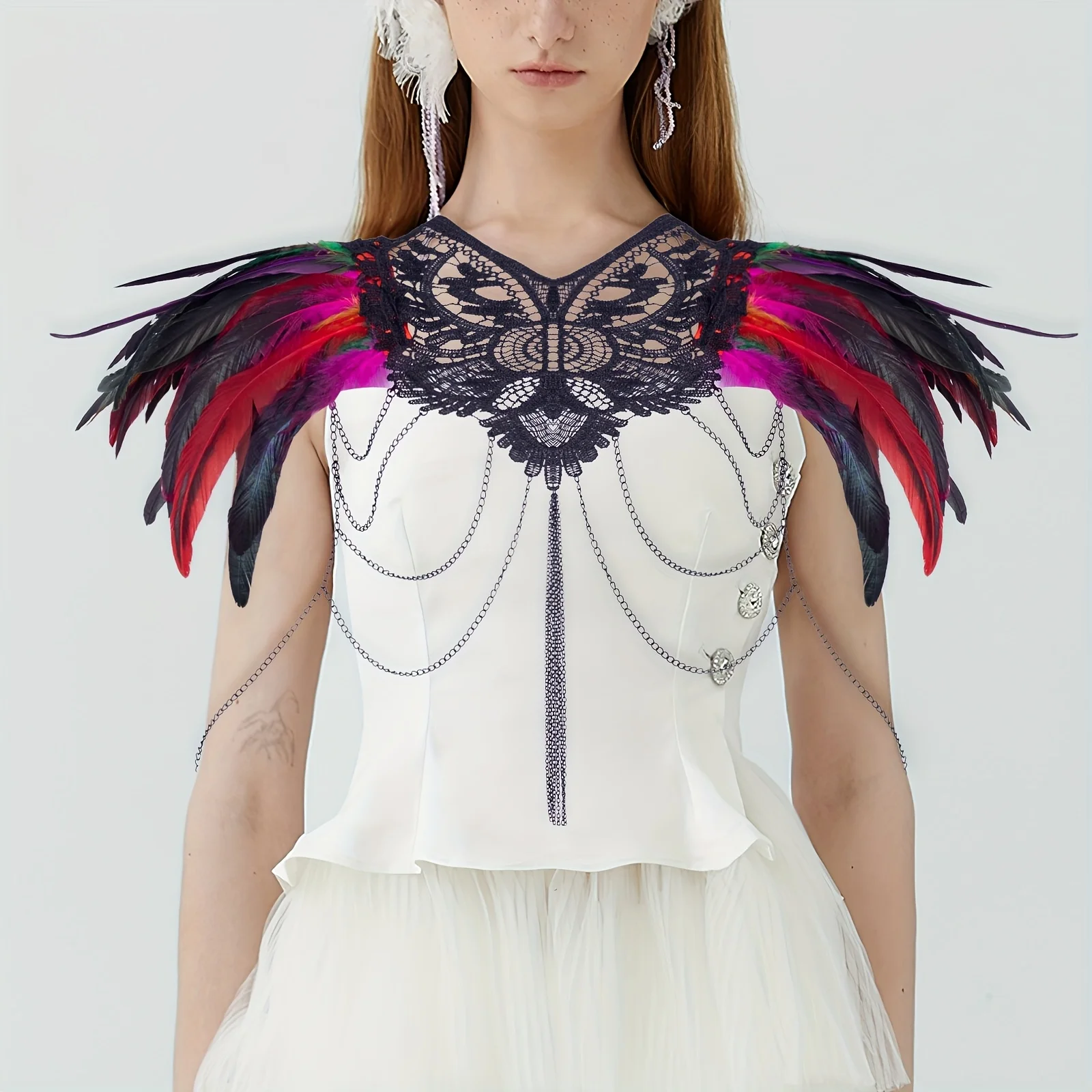 

Punk Rock Gothic Artificial Feather Shawl Lace Edge Cloak, Essential for Halloween and Christmas Party Dress Up