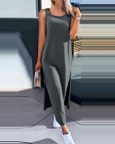 Imagen 2 del producto Vestidos para mujer 2024 moda de verano hendidura ahuecada Casual liso cuello redondo sin mangas diario recto vestido a media pantorrilla