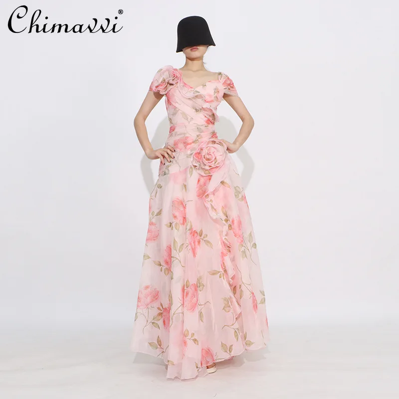 Francuska Sukienka Wakacyjna Elegancka Codzienna Letnia Plażowa Dekolt V Bufiaste Rękawy Kwiatowy Wzór 3D Modny Nadruk Wysoki Stan Linia A Długa Sukienka Damska