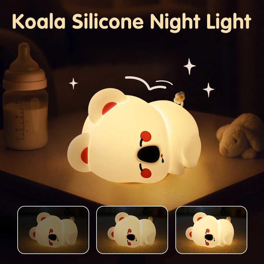 Lampu Malam Silikon Koala Lampu Samping Tempat Tidur Isi Ulang Penyesuaian Kecerahan Tiga Tingkat Lampu Tidur Anak-anak Hadiah Anak-anak