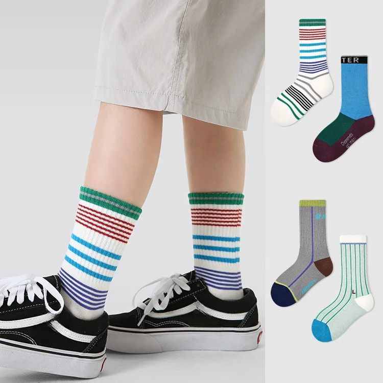 4 Pairs Spring Socks Kids Striped Crew Socks Cotton Breathable Boys Socks Fashion Color Block Sports Socks for Children