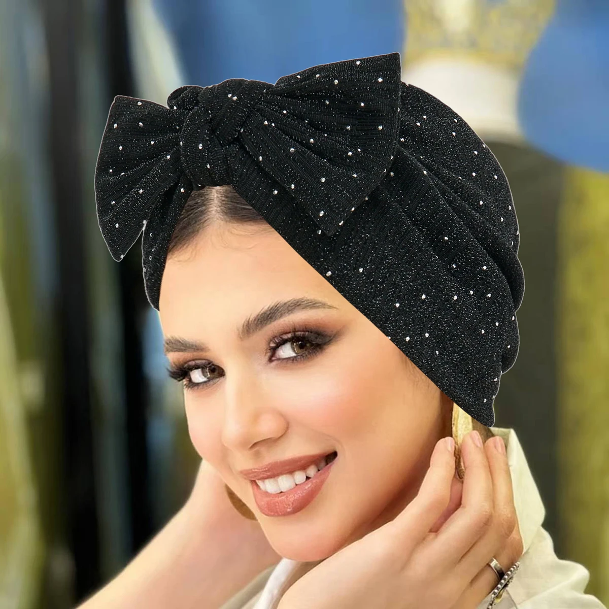 Fashion Rhinestone Women's Hijab Bow Knot Muslim Ladies Turban Bonnet Soft Elastic Head Wrap Head Scarf Indian Hats