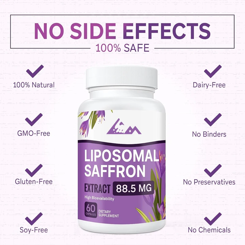 

Liposomal saffron supplement 88.5 mg, 100% pure saffron extract capsules, used for emotions, energy, vision, and focus