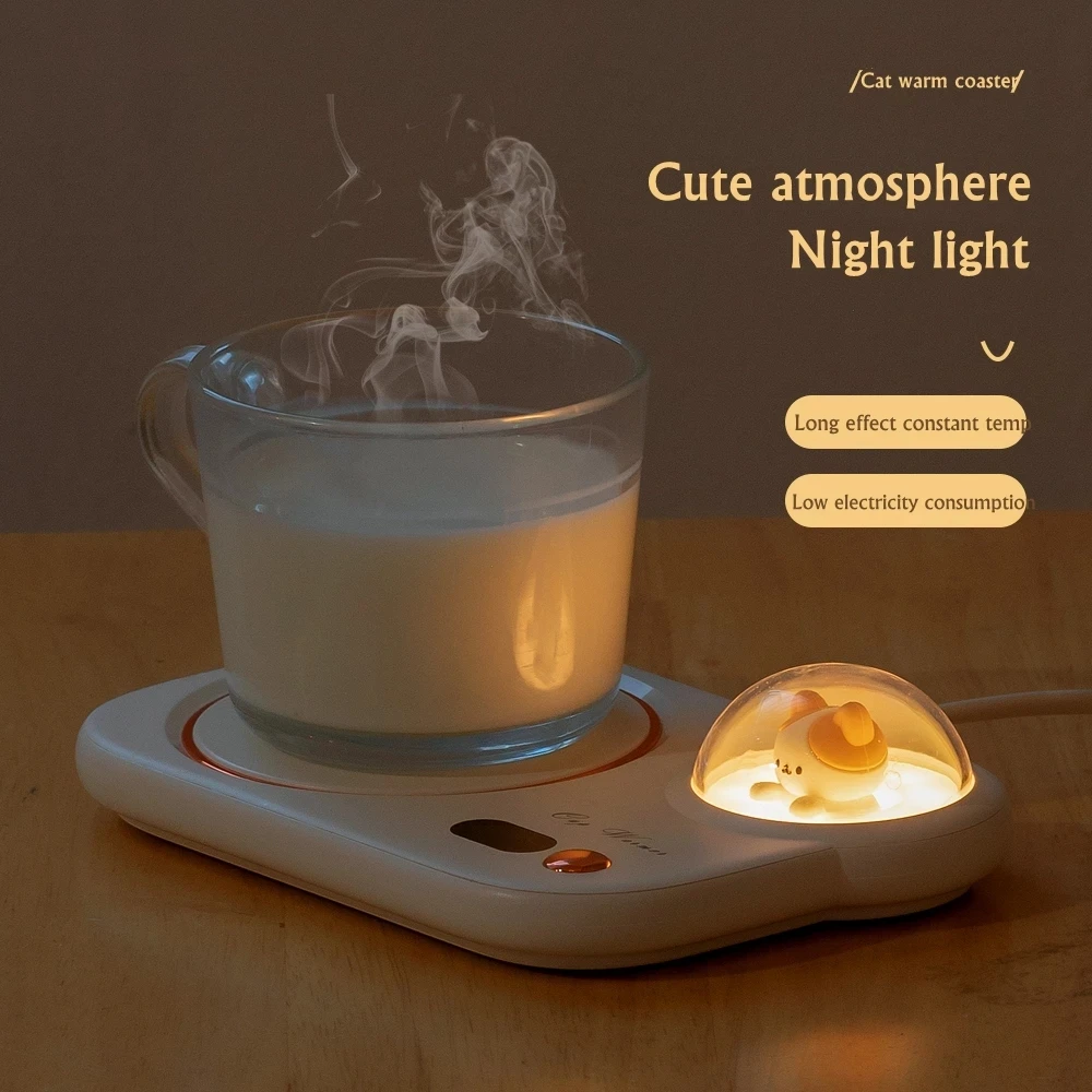 Lovely Cat 3 Gear Temperature 8 Hours Auto-off Coffee Milk Water Mug Warmer Heating Cup Coaster Mat with Night Light Cup Heater