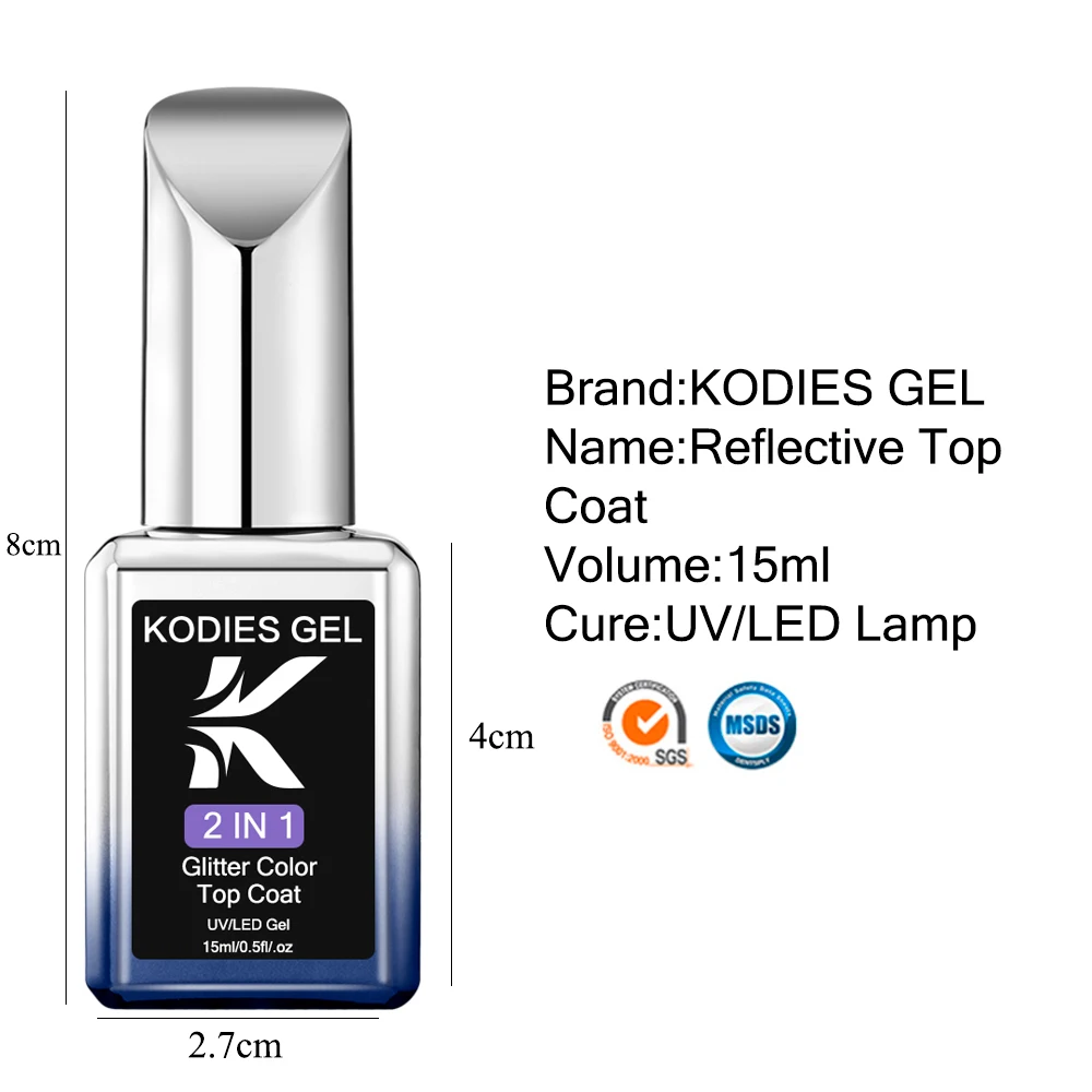 KODIES GEL Reflective Glitter Gel Top Coat No Wipe Sparkle Diamond Blue Shine Soak Off Nail Art Polish Semi Permanent UV/LED Gel