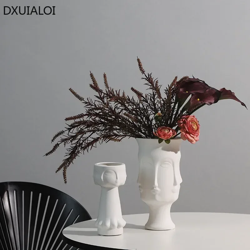 DXUIALOI Creative Human Face Art Vase Decoration Ceramic Crafts White Color Glaze Home Living Room Flower Arrangement Vase Decor