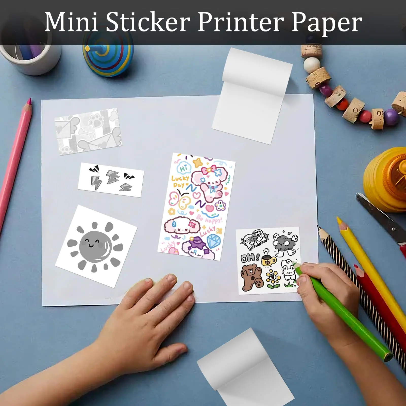 mini hot pocket printer,Ink free sticker printer, mini pocket printer with 13 rolls of hot paper,iOS Android application