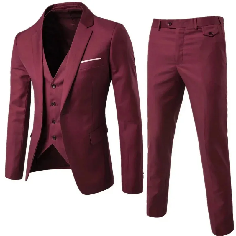 

Men's Brand Suits Blazer 3 Pieces Wine Red Elegant Slim Fit Button Dress Suit Vest Party Wedding Formal Business Casual Terno