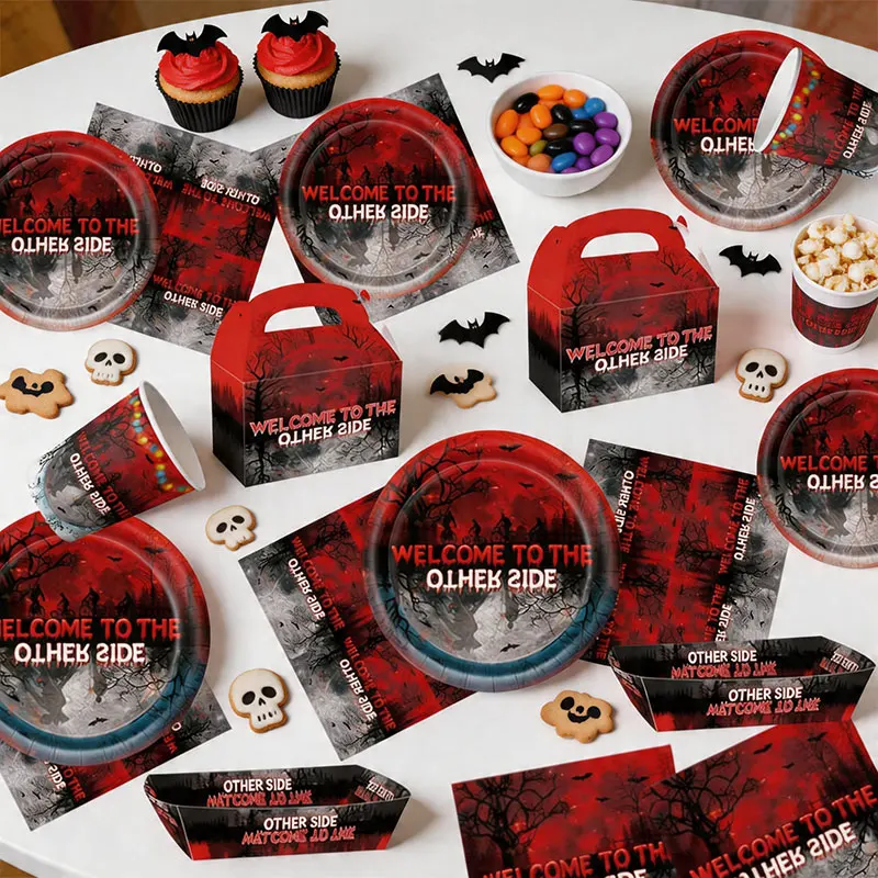 Stranger-Themen-Geburtstagsdekoration Horrorfilm-Geschirr Tasse Teller Tischdecke Luftballons Banner Geschenktüte Snackbox Partyzubehör – Detail 3