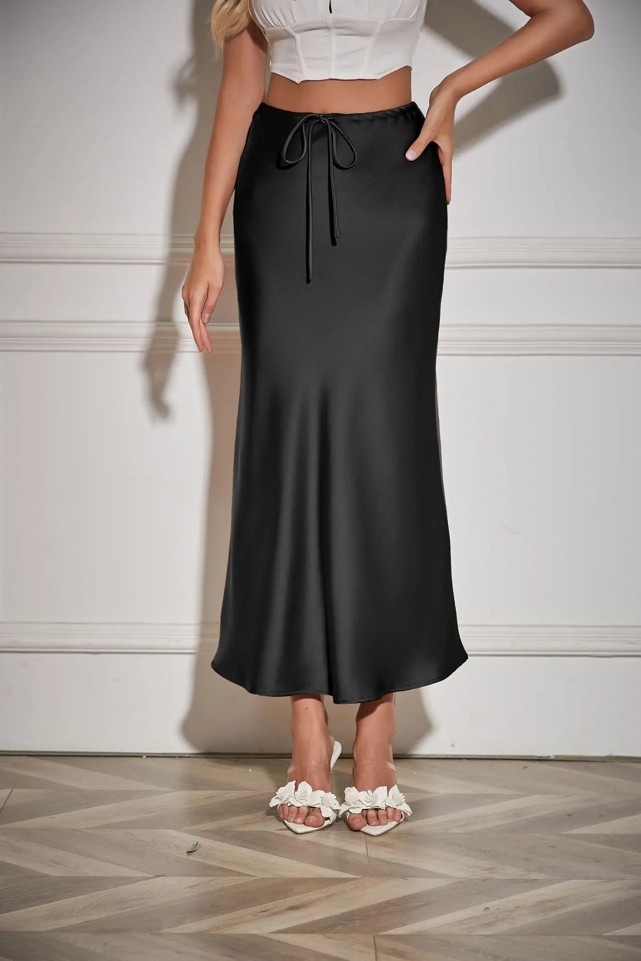 New In 2026 Spring Summer Solid Color Satin Long Skirt For Women High Waist Lace-Up Fashion Elegant Faldas