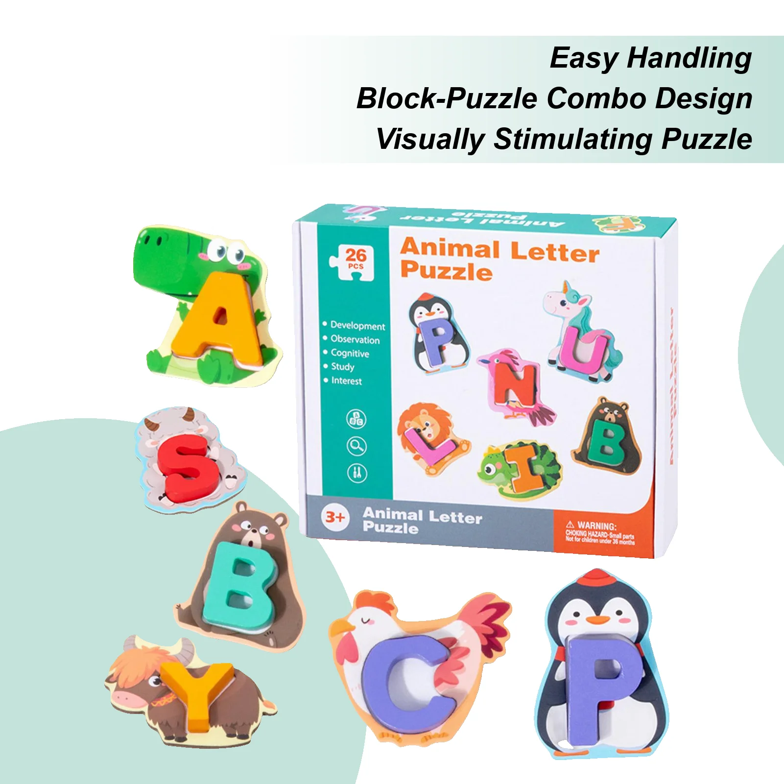 Quebra-cabeça do alfabeto 26 peças quebra-cabeças de animais do alfabeto jogo de correspondência brinquedos de aprendizagem pré-escolar para viagens de primeira infância em casa