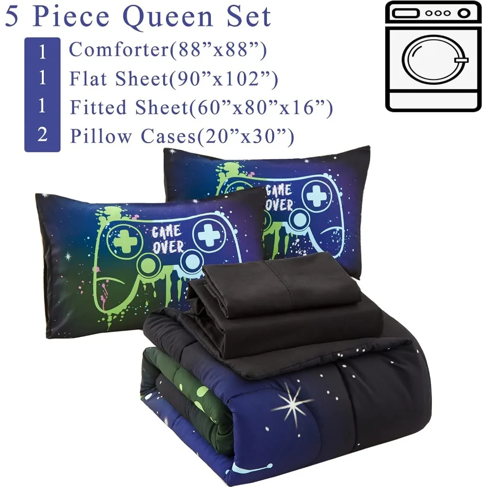 مجموعات مفروشات ألعاب KAKKI Kids مقاس كوين للأولاد المراهقين، سرير مكون من 5 قطع في حقيبة، مجموعة لحاف ألعاب مع ملاءات، لعبة ملونة ثلاثية الأبعاد