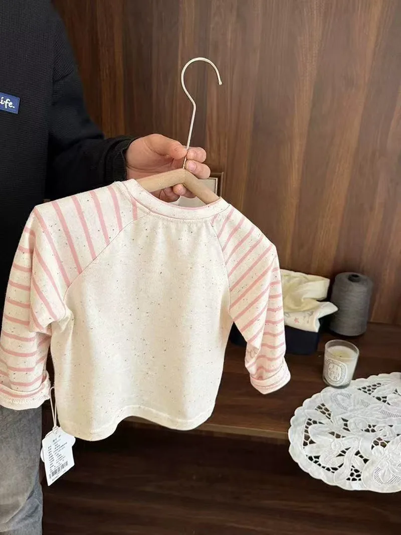 

Baby Girl Cotton Long Sleeved Striped T-shirt Spring and Autumn 2026 New Children's Cartoon Base Shirt 80-120CM