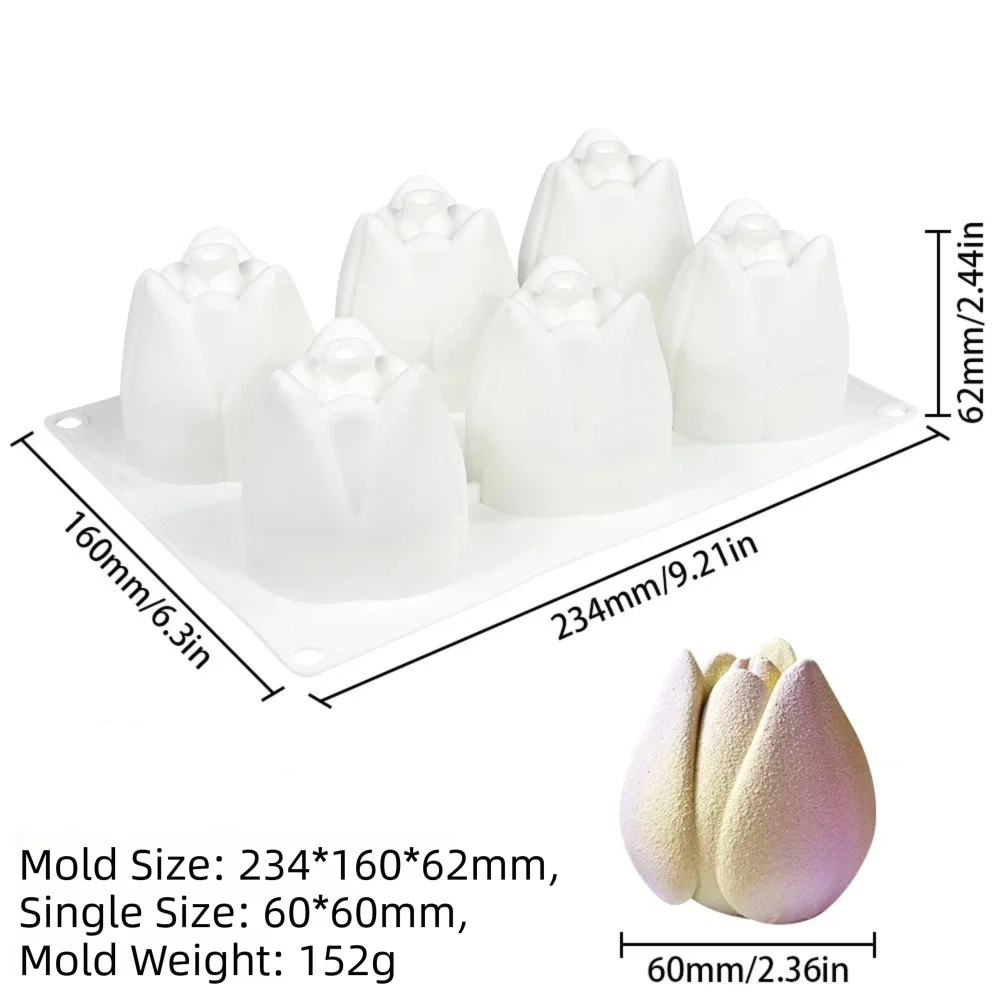 6-Cell Design Tulip Mousse Cake Mold Tulip Shaped 3D Simulated Pudding Dessert Mold Food Grade Silicone Reusable