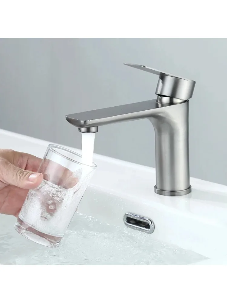 

Brushed/Gray Bathroom Sink Faucet Hot and Cold Mixer Faucet Countertop Mount 304 Stainless Steel Single Handle