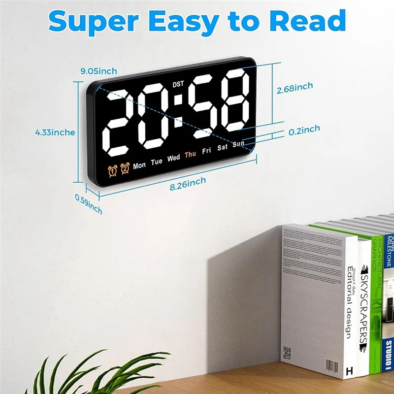 Grande LED Digital Relógio de parede, 9 Polegada, grande display, 12, 24H, grandes dígitos, silencioso, branco
