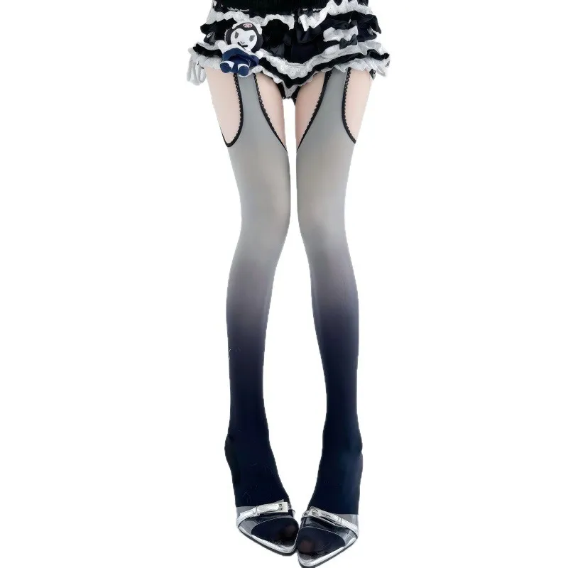 Ladies Trendy Lolita Velvet Dip Dye Pantyhose Y2K Subculture Crotchless Gradient Color Soft Stretch Fashion Base Hosiery
