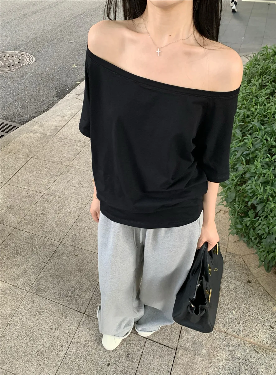 Damen Sommer Neu Lässiges Off-Shoulder Einfarbiges Vielseitiges Oberteil Locker und Stilvoll Kurzarm-T-Shirt Studenten-Oberteil Y2K-Stil – Detail 10