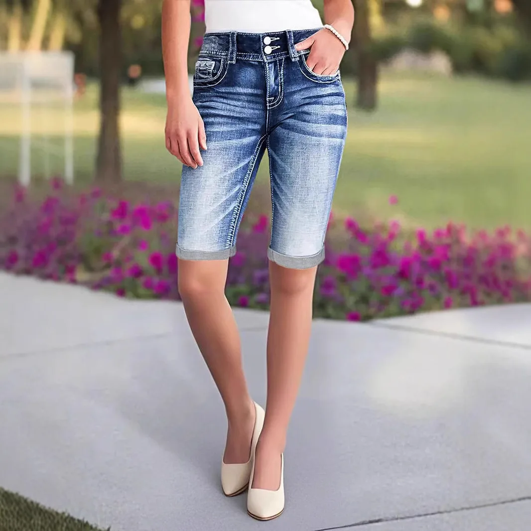 

Denim Shorts Women Straight Jeans Knee Length Embroidery Pockets Distressed Washed Mid Waist Short Pants Streetwear Summer 2025
