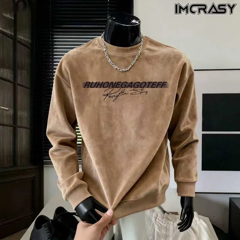 Moda inverno na moda impresso camurça velo pulôver moletom masculino solto confortável desportivo de alta qualidade manga longa camiseta