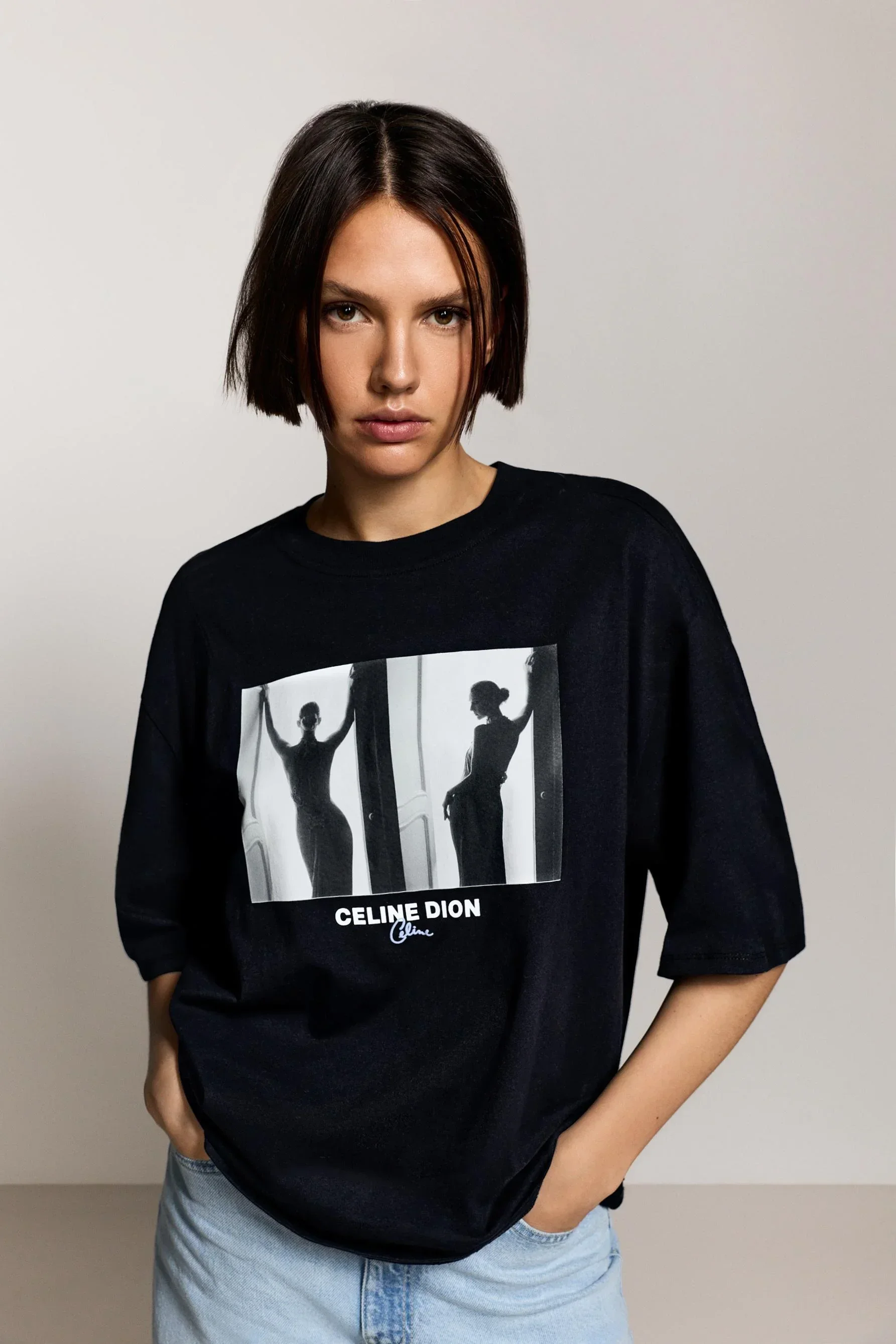 Celine Dion Black White Silhouette Portrait Tshirt Unisex Retro Singer Photo Graphic Short Sleeve Minimalist Music Fan