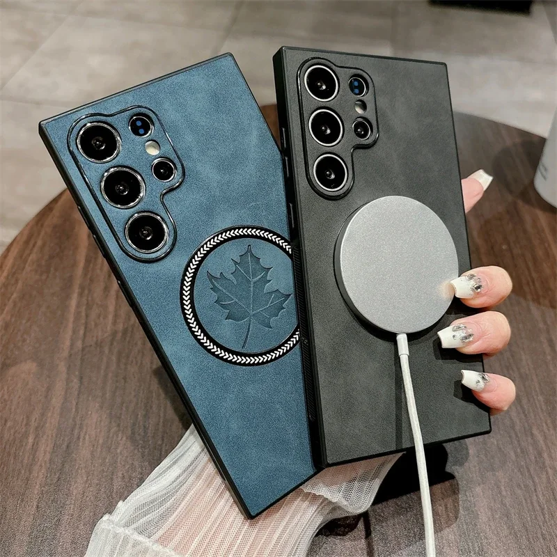 غطاء جلد فاخر غير لامع لهاتف sammagsafe ، حافظة شحن لاسلكية ، نمط أوراق القيقب ، S21 ، S23 FE ، S22 ، S24 Ultra Plus ، Note 20