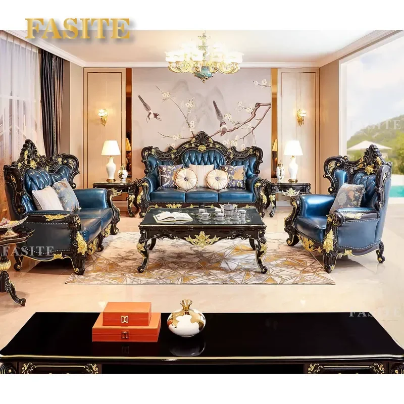 For European Luxury Carved Wooden Frame 1 2 3 Seater Home Sofa Furniture Set French Classic Royal Living Room Leather