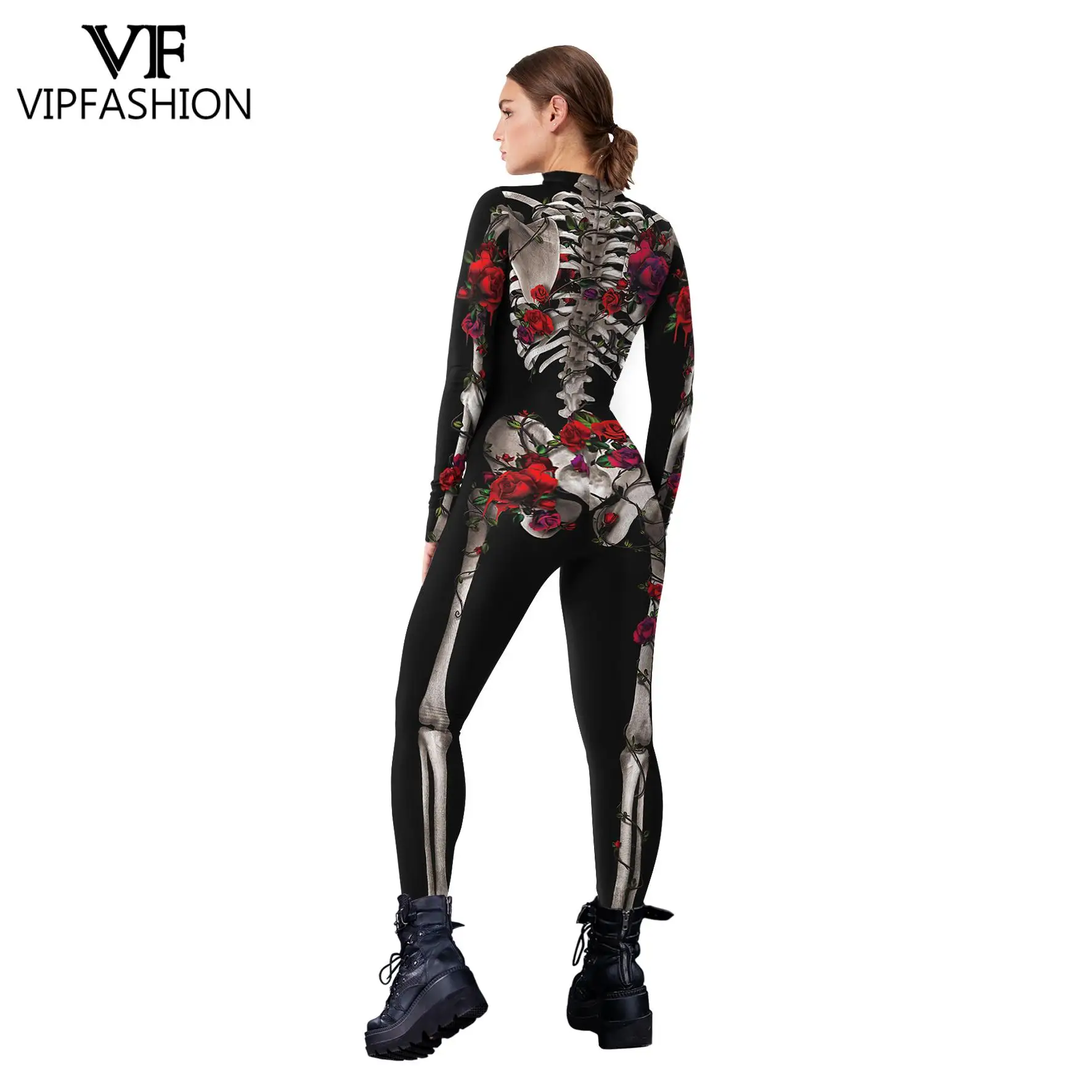 VIP FASHION Woman Day Of The Dead Cosplay Costume Halloween Rose Skeleton Jumpsuits Ladies Sexy Zentai Suit Fancy Party Clothes