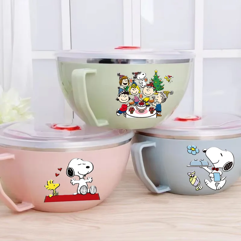 Tigela de Aço Inoxidável Fofa do Snoopy para Macarrão, Tigelas Térmicas para Macarrão Instantâneo com Tampa, Material de Grau Alimentício com Desenho Animado, Lancheira para Casa