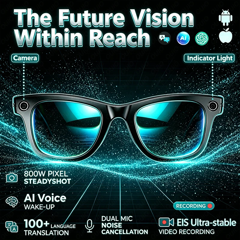 Smart Glasses with Video Intelligent Recognition 8MP HD Camera  Al Photo Object Recognition Al Intelligent Q&A Al Translation