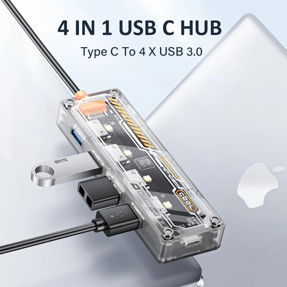 

Transparent 4 in 1 USB 3.0 HUB Type C HUB To USB3.0 Type-C 4xUSB High Speed Splitter Box 4 Ports Usb Charging Adapter