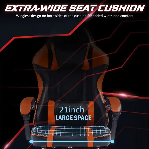 人間工学に基づいたゲーミングチェア、ランバーサポート付き、300ポンドの耐荷重、PUレザーオフィスチェア、高さ調節可能、回転ベース、オレンジ（BIF）