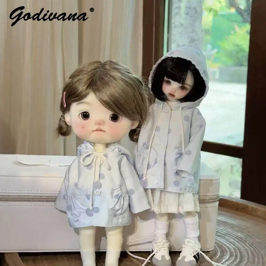 Azone Ob24/22 BJD Doll Clothes New Japanese Cute Blue Polka Dot Ruffle Trim Hooded Coat Versatile Handmade Casual Clothes