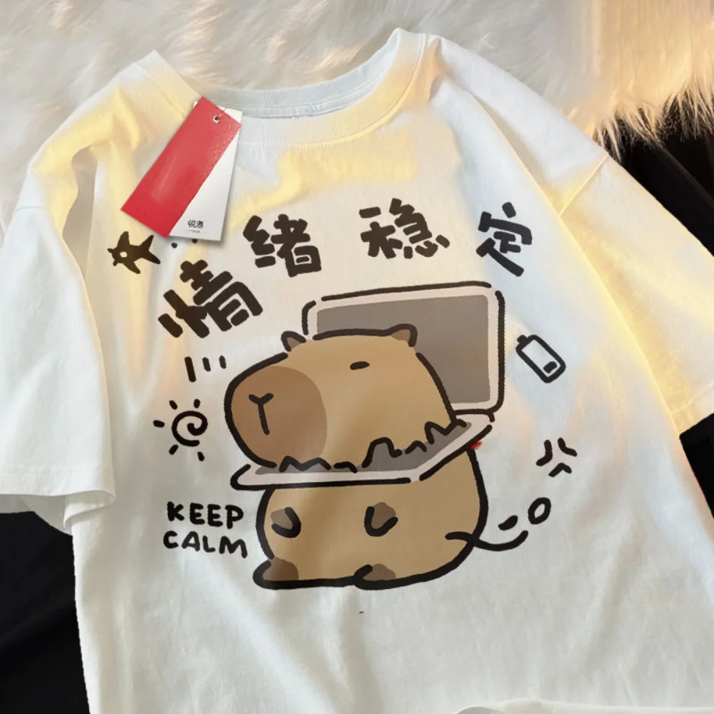 بلوزة صيفية فضفاضة كبيرة الحجم بطبعة كابيبالا بأكمام قصيرة - كاجوال، متعددة الاستخدامات، ملابس صيفية عصرية، مقاس مريح، طراز للجنسين