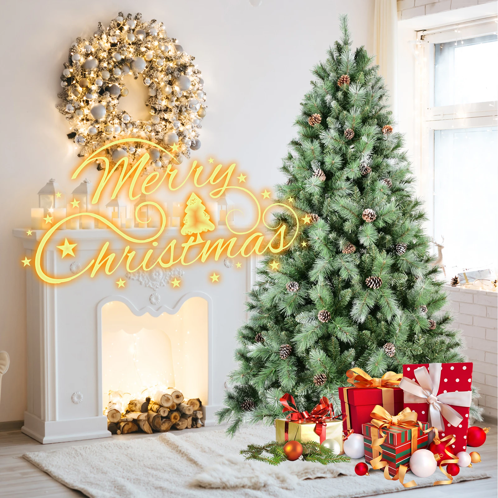 7/7.5/8/9FT PVC Artificial Christmas Tree with White Needles Pine Cones Decor Premium Xmas Tree  for Home Office Party Decor