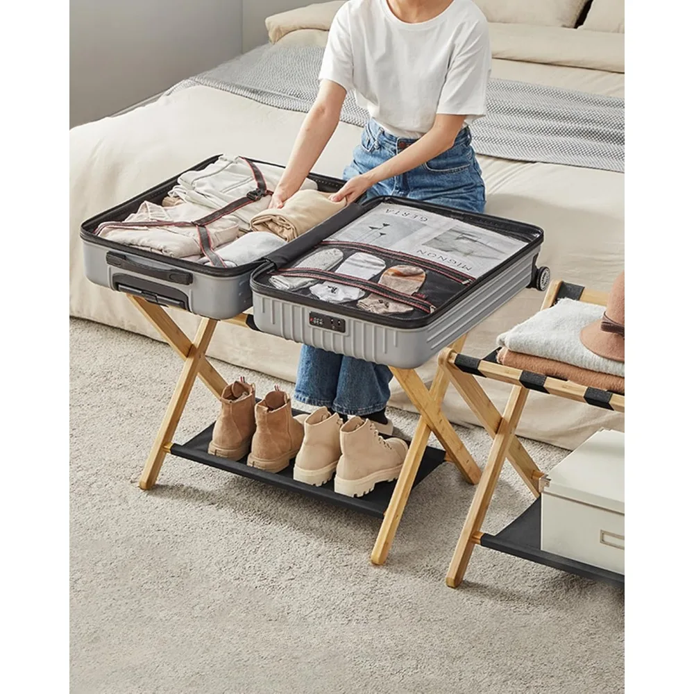 Luggage Racks,Natural beige foldable suitcase rack with storage rack, capable of accommodating 131 pounds Luggage Racks