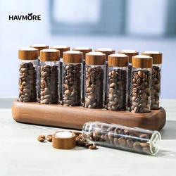 Havmore Wooden Holder 12 Testing Tubes Single Dose Coffee Bean Glass Container Wooden Stand Coffee Beans Storage Tubes