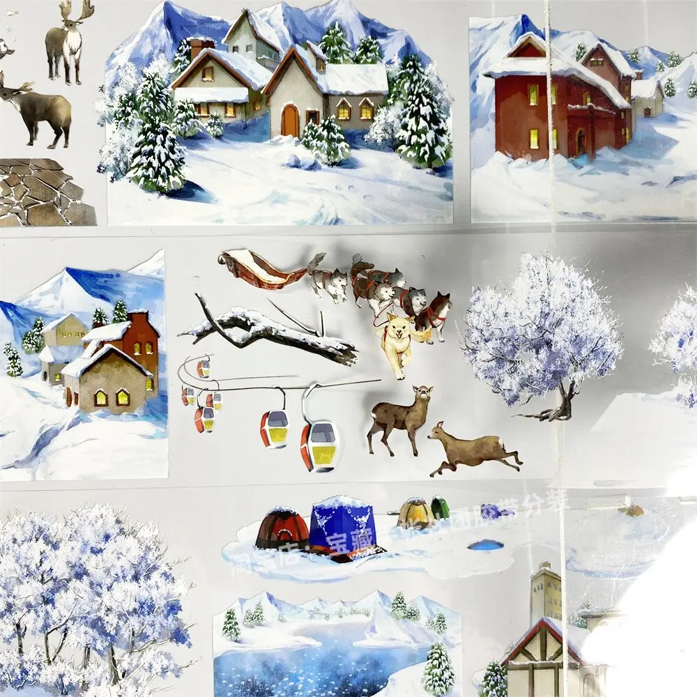 Journal Winter Snow Language BoBo Fish Train House Tree Line PET Scrapbook Collage DIY Sticker