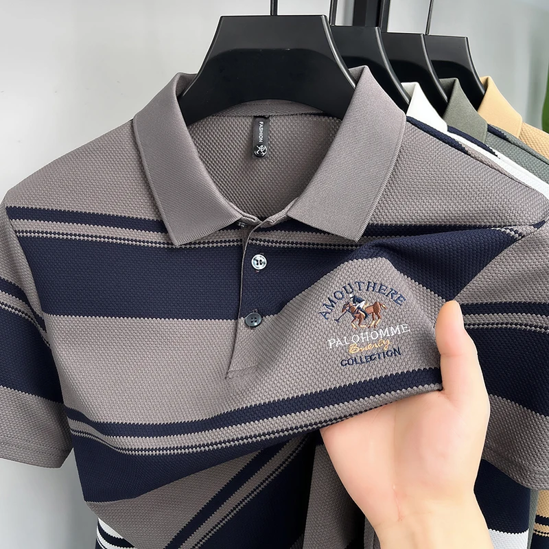 Luxury Summer Men's Short-Sleeved Polo Shirt Lapel Button High Quality Embroidery Fashion Stripes Snug Breathable Men's Clothing
