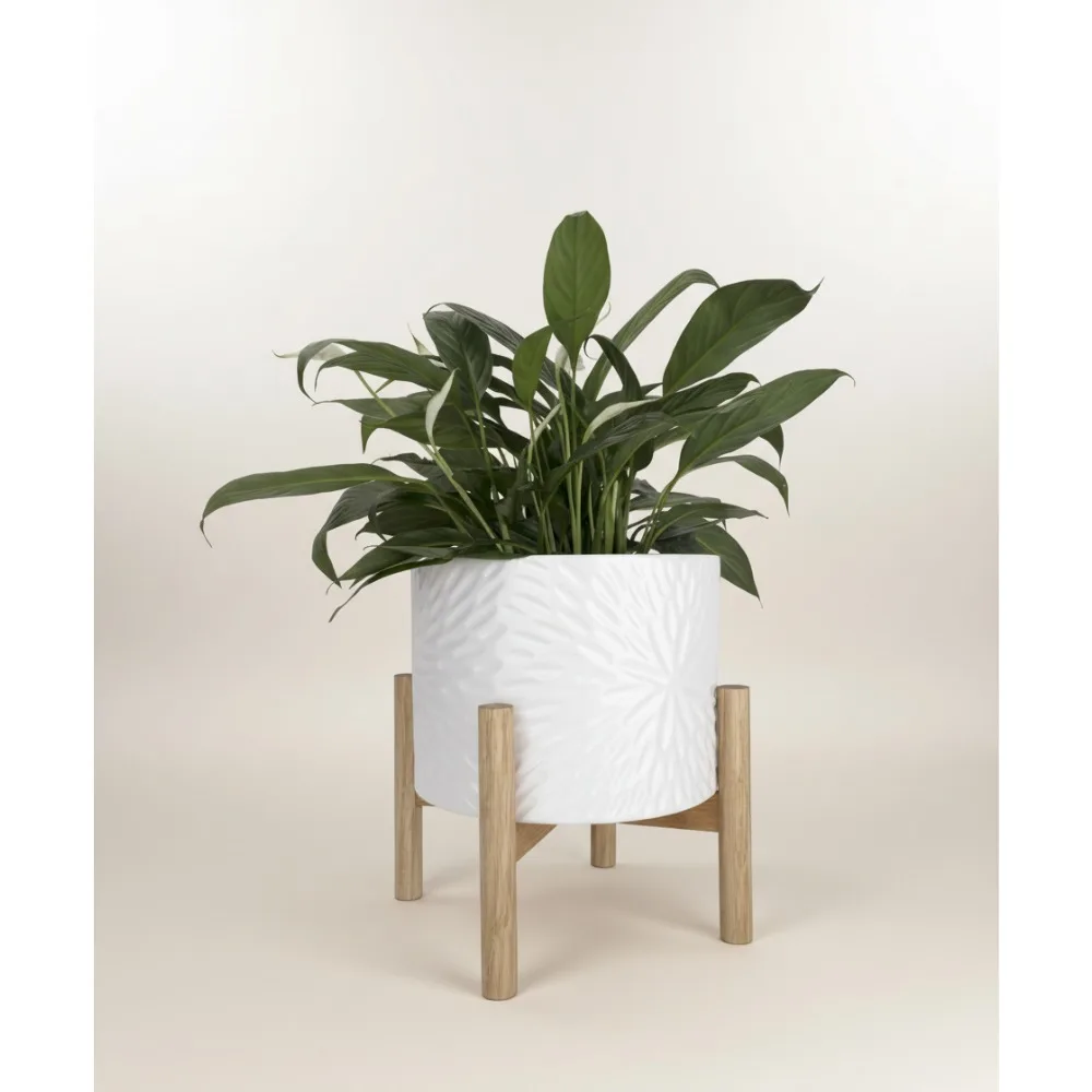 

White Ceramic Planter with Wood Stand, 8 Inch Modern Flower Pot with Drainage Holes for Indoor Plants - Mid Century Design