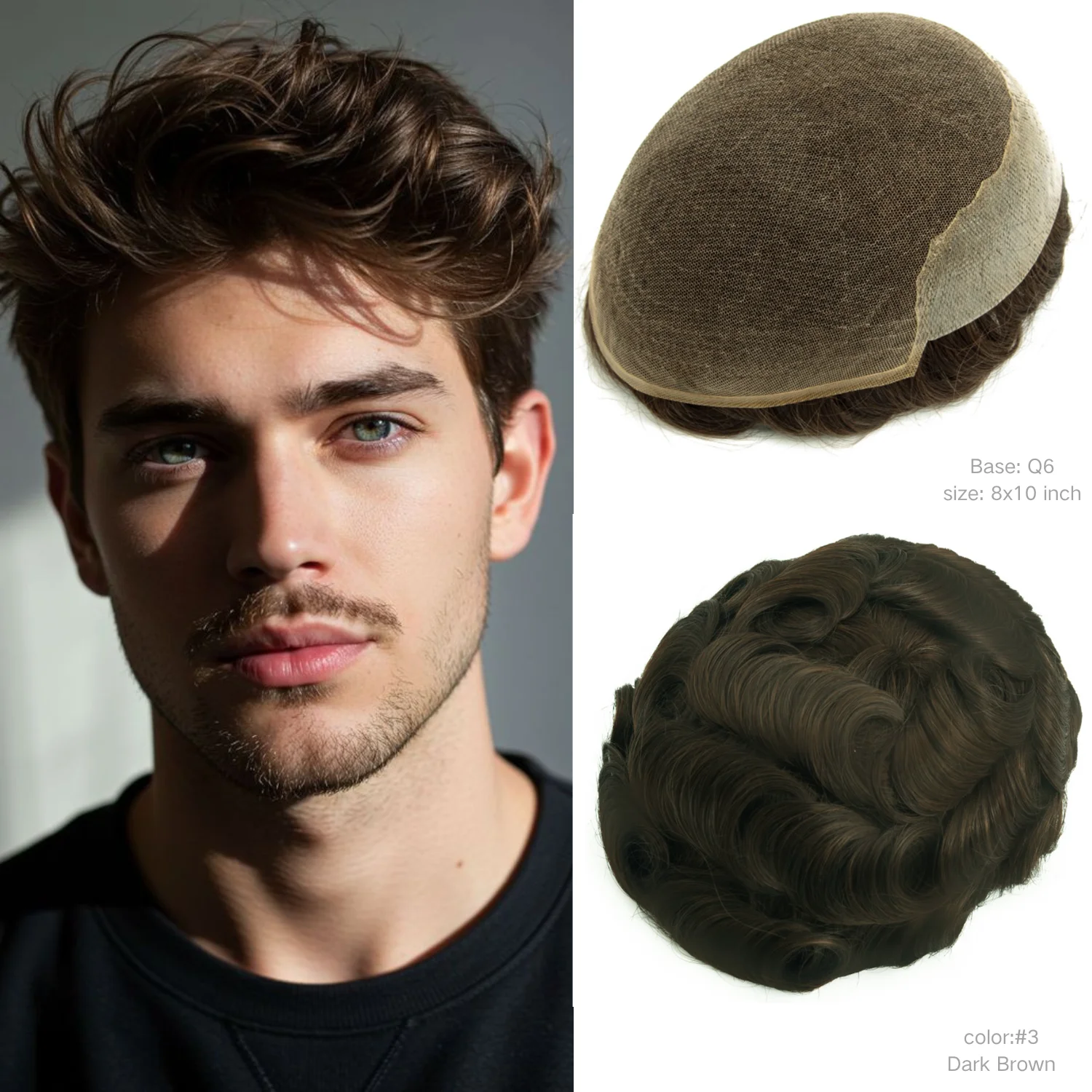 

Мужской парик Q6: коричневые волнистые волосы, кружевной и узелковый полиуретановый тупе для мужчин, дышащий и прочный, 100% мягкий протез из натуральных человеческих волос для мужчин