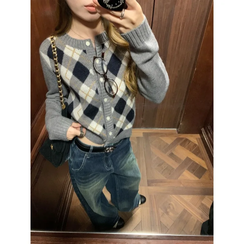 

Vintage Checkered British-style Sweater Cardigan, 2025 Autumn New College-style Coat Top