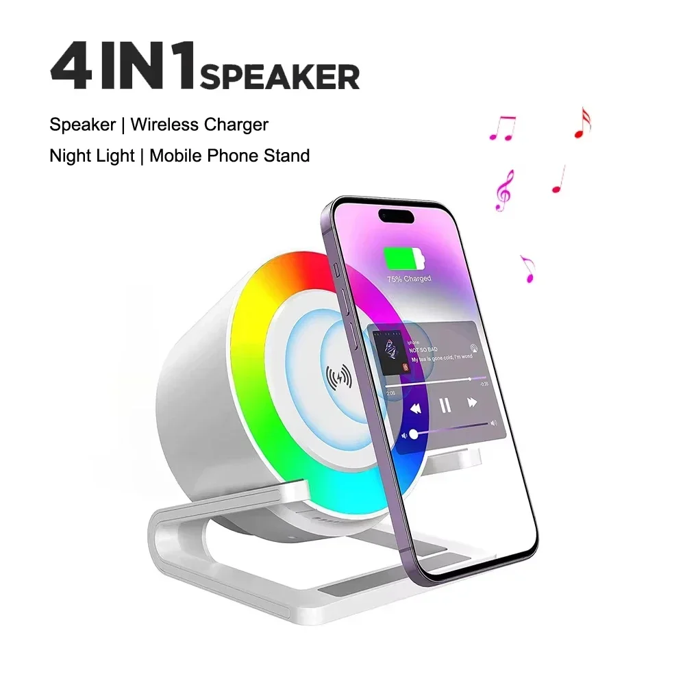 4 IN 1 Wireless Charger 15W Bluetooth Speaker Night Lamp Ambient Light Colourful Three Dimming Mobile Phone Holder