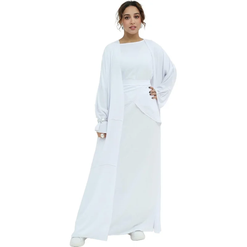 

Abaya Muslim Prayer Dress Set Ramadan Open Front Islamic Clothing 3pcs Prayer Robe with Waist Apron Loose Flowy