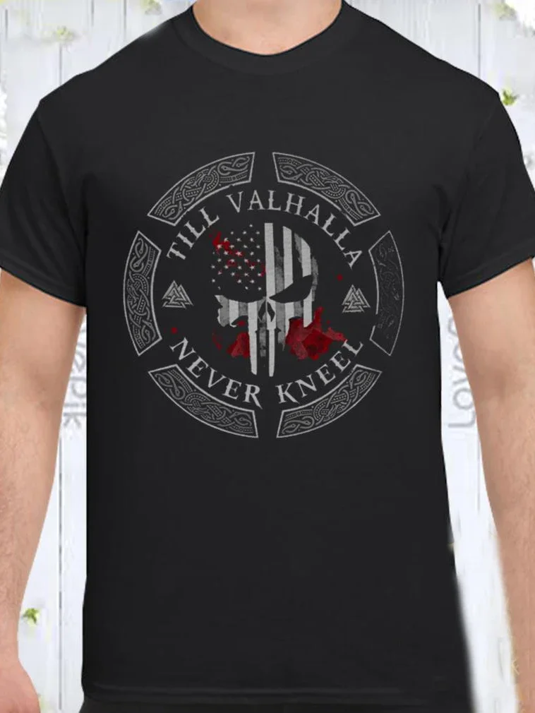 Till Valhalla Never Kneel - Rune America Flag Skull T-Shirt New Short Sleeve Casual 100% Cotton O-Neck Mens T-shirt